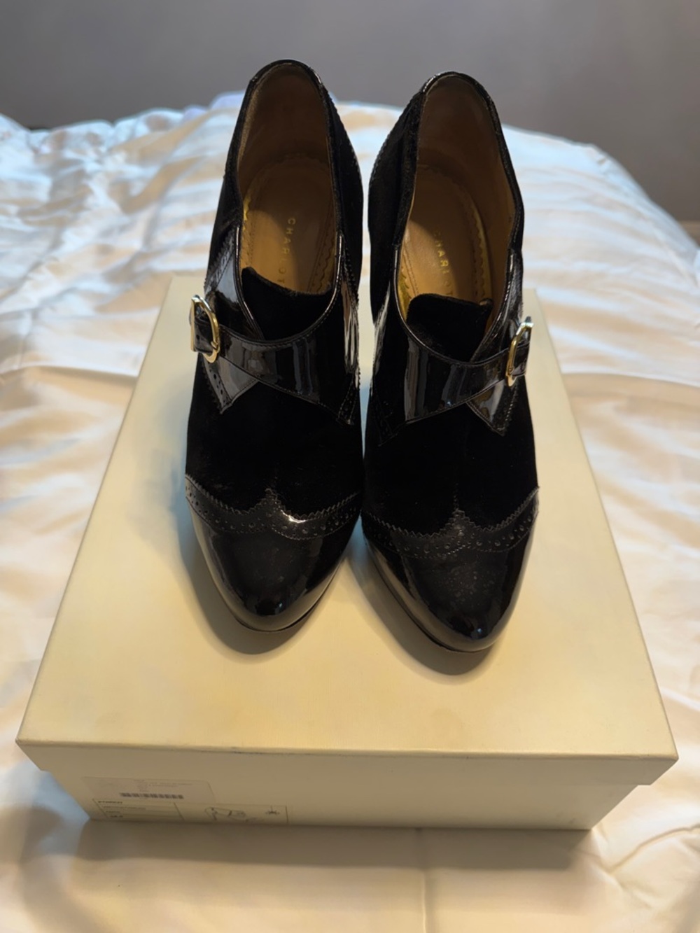 Charlotte Olympia Black Patent and Suede Buckle Booties